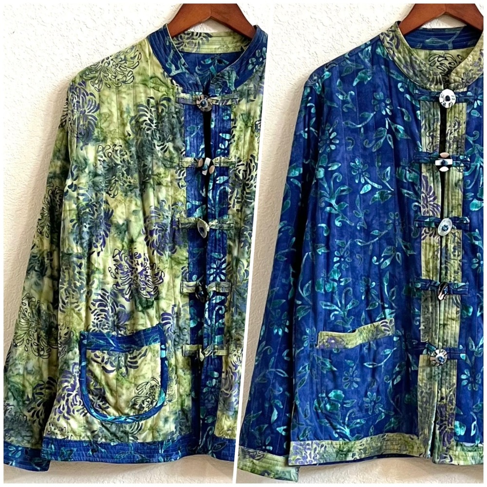 Handmade Reversible Batik Jacket Blue Green Floral Quilted Collar Size‎ M